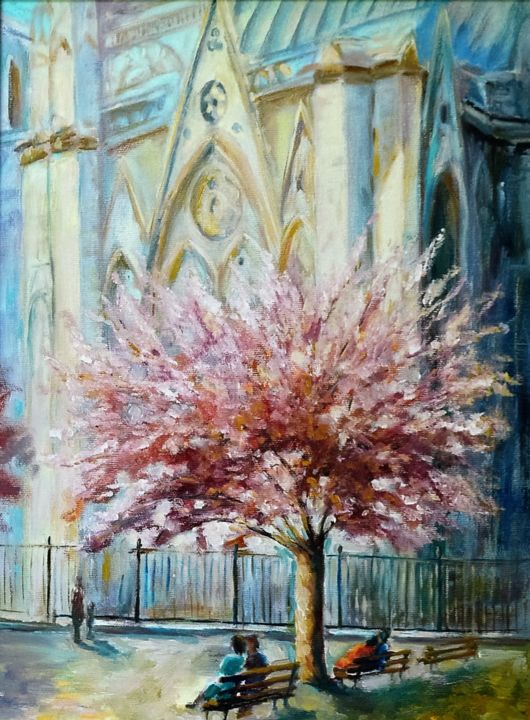 Painting titled "Spring in Paris" by Viktoria Kriptova, Original Artwork, Oil