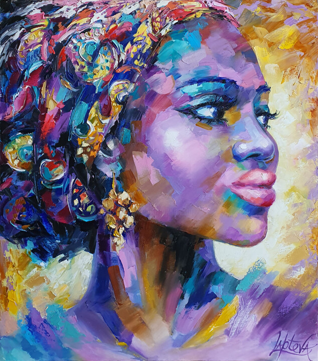 Картина под названием "Portrait african wo…" - Viktoria Lapteva, Подлинное произведение искусства, Масло Установлен на Дерев…