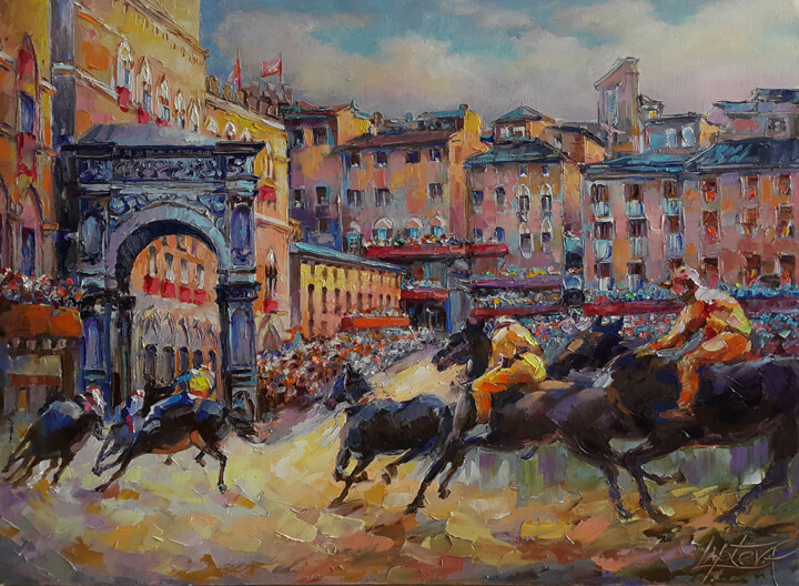 Painting titled "Painting Palio di S…" by Viktoria Lapteva, Original Artwork, Oil Mounted on Wood Stretcher frame
