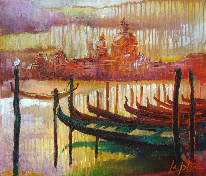 Painting titled "Venice summer rain…" by Viktoria Lapteva, Original Artwork, Oil Mounted on Wood Stretcher frame