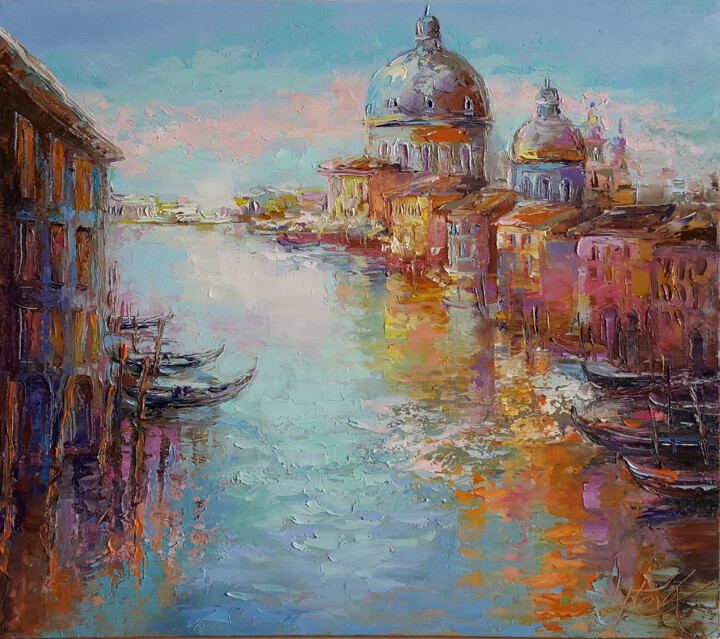 Painting titled "Venice Canal Grande…" by Viktoria Lapteva, Original Artwork, Oil Mounted on Wood Stretcher frame