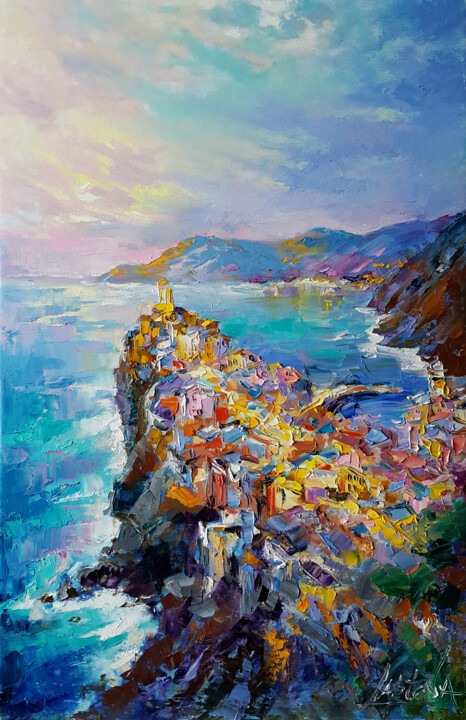 Painting titled "Painting Vernazza ,…" by Viktoria Lapteva, Original Artwork, Oil Mounted on Wood Stretcher frame