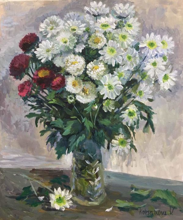 Картина под названием "Chrysanthemum in cr…" - Viktoriia Kolesnikova, Подлинное произведение искусства, Масло