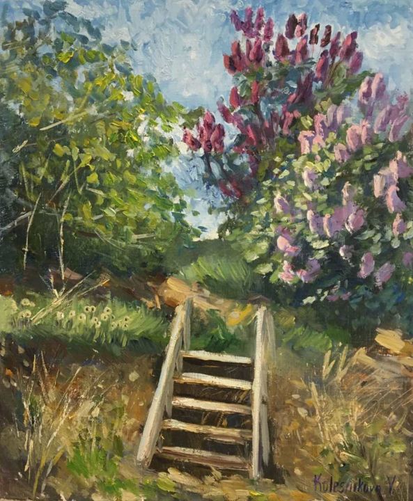 Painting titled "lilac in summer" by Viktoriia Kolesnikova, Original Artwork, Oil