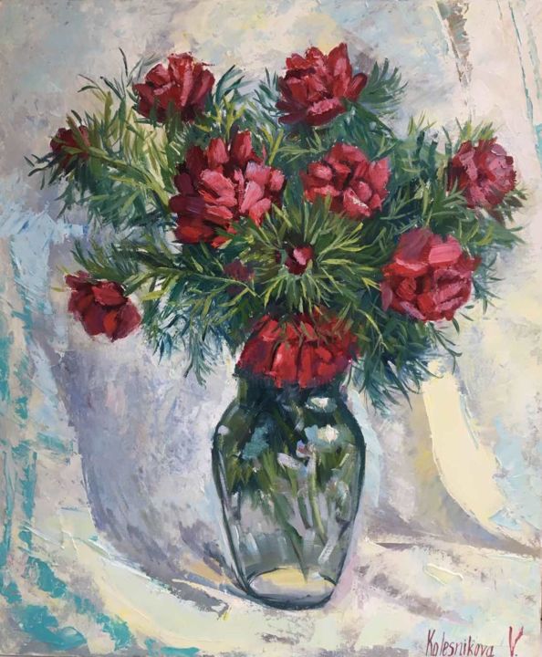 Painting titled "peonies on the tabl…" by Viktoriia Kolesnikova, Original Artwork, Oil