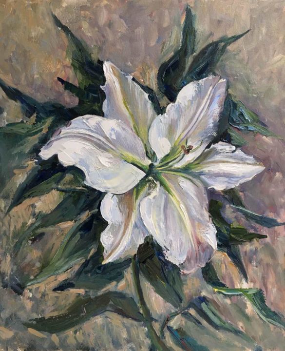 Schilderij getiteld "lily flower in wint…" door Viktoriia Kolesnikova, Origineel Kunstwerk, Olie