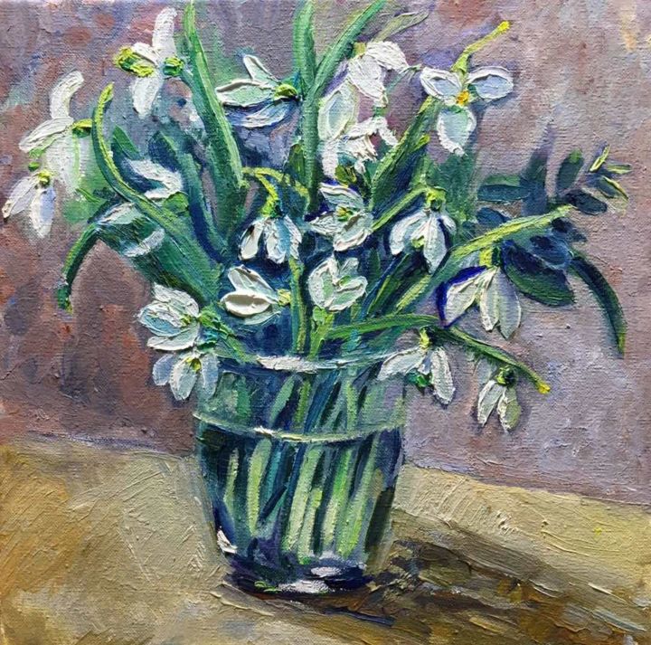 Malarstwo zatytułowany „Snowdrops on the ta…” autorstwa Viktoriia Kolesnikova, Oryginalna praca, Olej