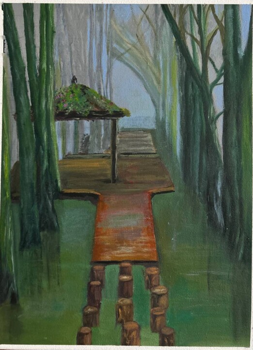 Schilderij getiteld "Forest" door Viktoria Sokolova, Origineel Kunstwerk, Olie Gemonteerd op Houten paneel