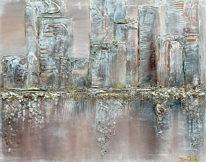 Painting titled "Evening city" by Viktoriia Balandina, Original Artwork, Acrylic Mounted on Wood Stretcher frame