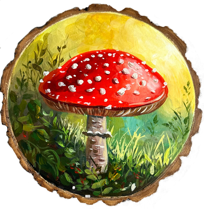 Schilderij getiteld "Mushroom on a woode…" door Viktoriia Derbaba, Origineel Kunstwerk, Acryl