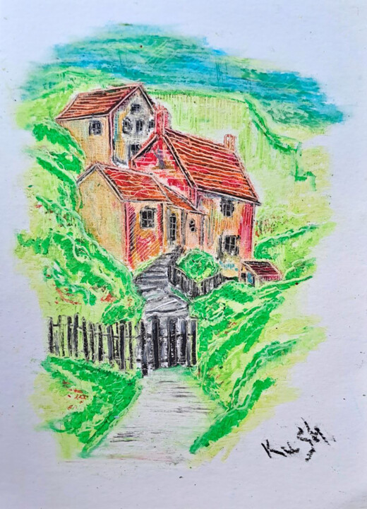 Disegno intitolato "Building nto a hill…" da Viktoriia Kush, Opera d'arte originale, Pastello
