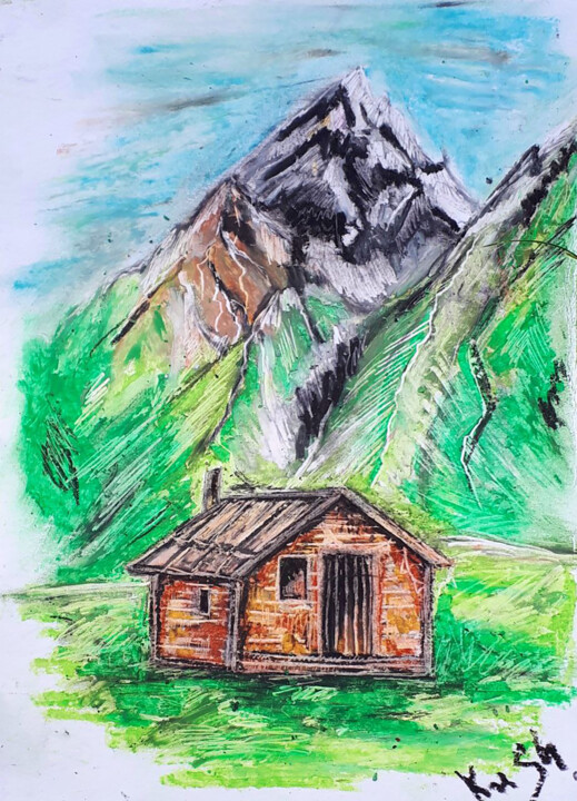 Tekening getiteld "A house in the moun…" door Viktoriia Kush, Origineel Kunstwerk, Pastel