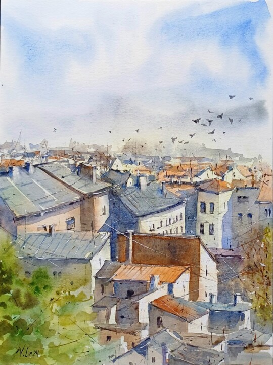 Painting titled "From the window" by Viktoriia Lebedynska, Original Artwork, Watercolor