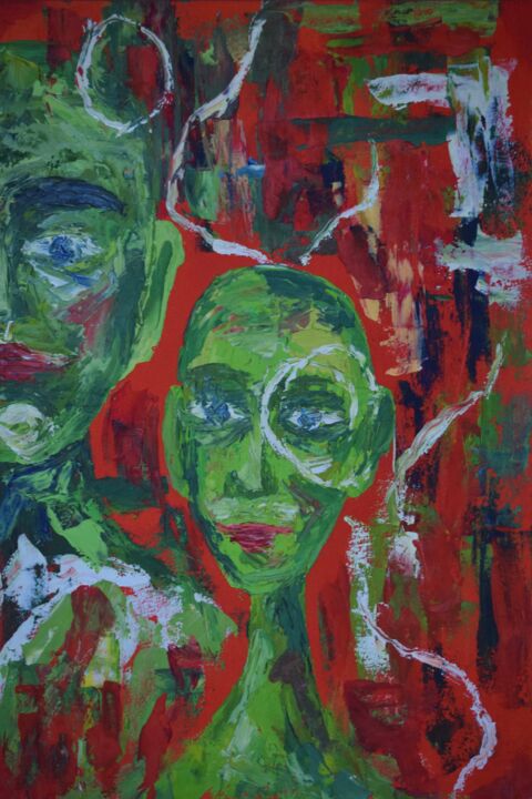 Painting titled "Green people" by Viktoriia Sakharova, Original Artwork, Oil