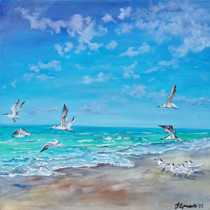 Painting titled "Beach Sea Painting…" by Viktoriya Filipchenko, Original Artwork, Oil Mounted on Wood Stretcher frame