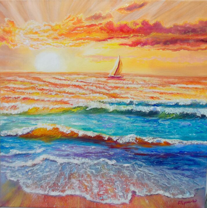 Malarstwo zatytułowany „Sailboat On Sunset…” autorstwa Viktoriya Filipchenko, Oryginalna praca, Olej