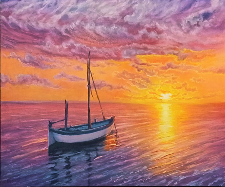 Painting titled "Pink Sunset" by Viktoriya Filipchenko, Original Artwork, Oil Mounted on Wood Stretcher frame