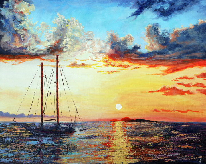 Pittura intitolato "Sunset Seascape." da Viktoriya Filipchenko, Opera d'arte originale, Olio Montato su Telaio per barella i…