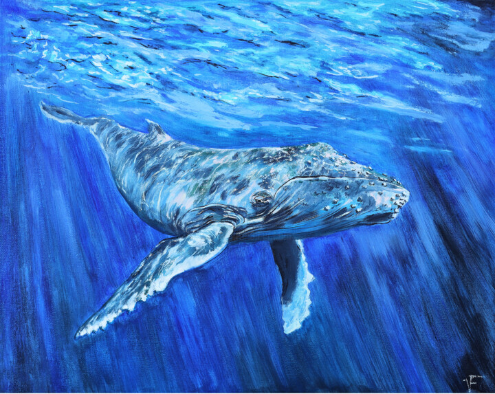 Malarstwo zatytułowany „The Big Blue Whale.” autorstwa Viktoriya Filipchenko, Oryginalna praca, Olej Zamontowany na Drewnian…