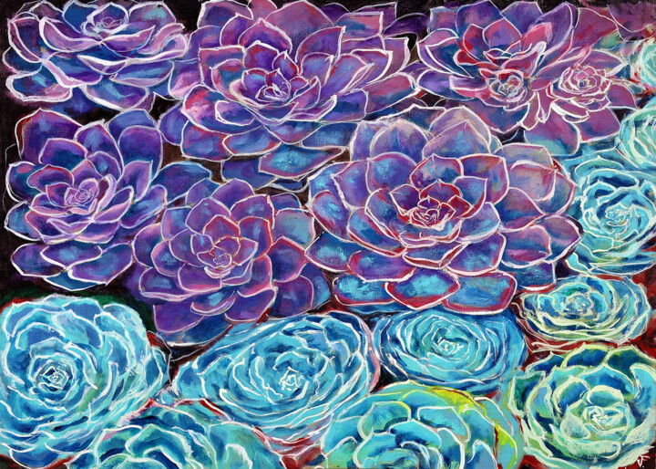 Painting titled "Succulent Plants Vi…" by Viktoriya Filipchenko, Original Artwork, Oil Mounted on Cardboard