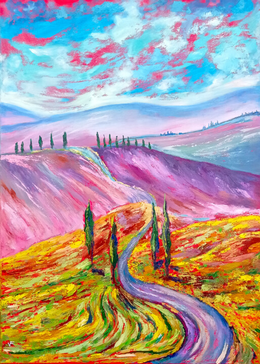 Schilderij getiteld "Violet Tuscany Road…" door Viktoriya Filipchenko, Origineel Kunstwerk, Olie Gemonteerd op Frame voor ho…