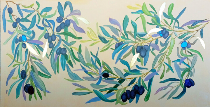 Painting titled "Olive Tree Branches…" by Viktoriya Filipchenko, Original Artwork, Oil Mounted on Wood Stretcher frame