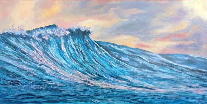 Schilderij getiteld "Ocean wave on sunse…" door Viktoriya Filipchenko, Origineel Kunstwerk, Olie Gemonteerd op Frame voor ho…