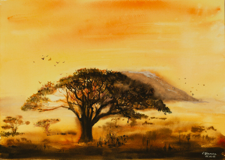 Peinture intitulée "Mount Kilimanjaro a…" par Viktoriia Gaman, Œuvre d'art originale, Aquarelle