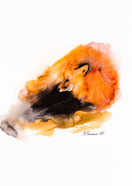 Рисунок под названием "red fox resting" - Виктория Гаман, Подлинное произведение искусства, Акварель