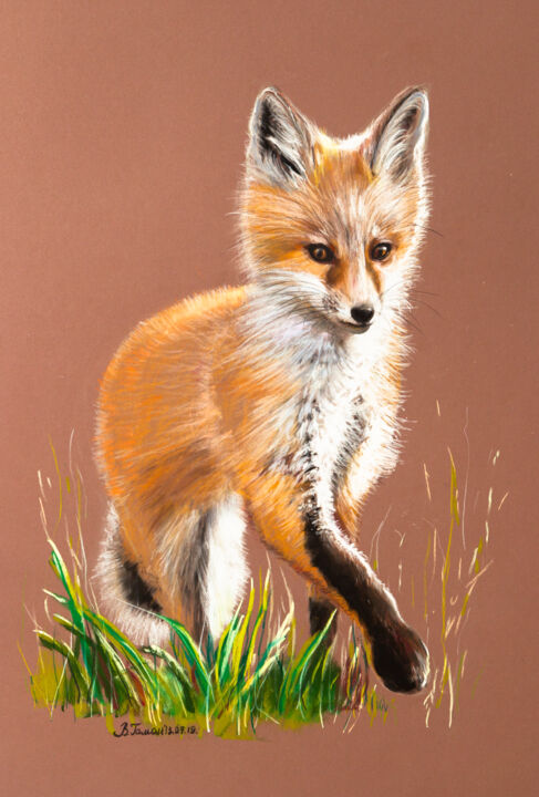 Drawing titled "Little red fox" by Viktoriia Gaman, Original Artwork, Pastel