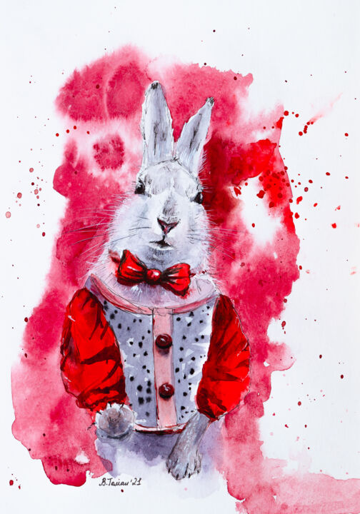 Ζωγραφική με τίτλο "White rabbit from A…" από Виктория Гаман, Αυθεντικά έργα τέχνης, Ακουαρέλα