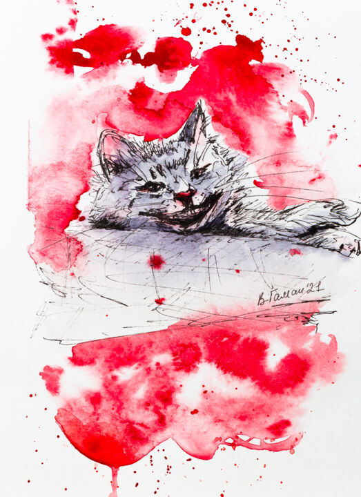 Pintura intitulada "Cheshire cat from t…" por Viktoriia Gaman, Obras de arte originais, Aquarela