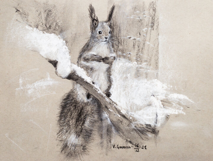Pintura intitulada "Cute magical squirr…" por Viktoriia Gaman, Obras de arte originais, Carvão