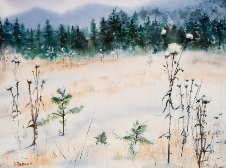 Картина под названием "Winter mountain lan…" - Виктория Гаман, Подлинное произведение искусства, Акварель