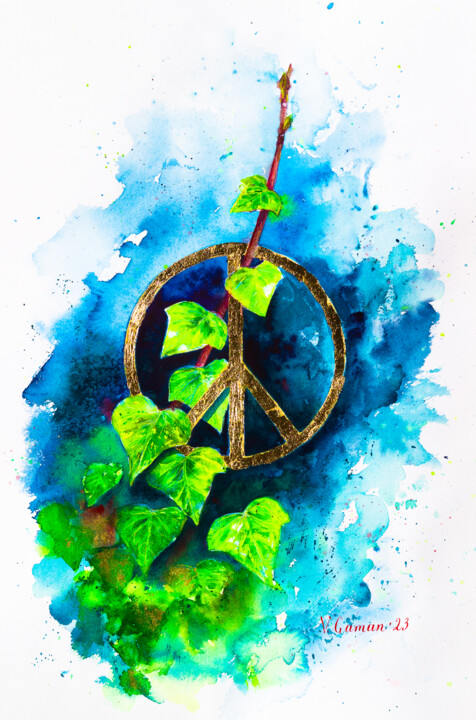 Schilderij getiteld "World peace. Pacifi…" door Viktoriia Gaman, Origineel Kunstwerk, Aquarel
