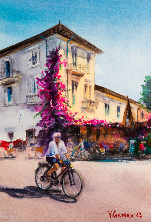 Peinture intitulée "Italian street with…" par Viktoriia Gaman, Œuvre d'art originale, Aquarelle