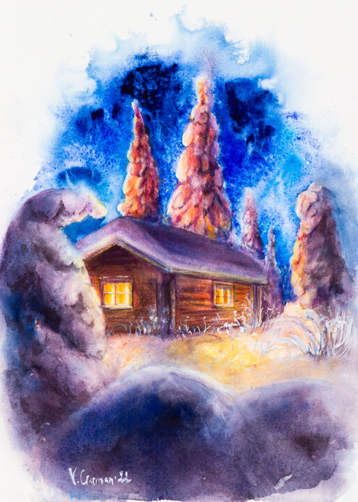 Картина под названием "Winter landscape wi…" - Виктория Гаман, Подлинное произведение искусства, Акварель