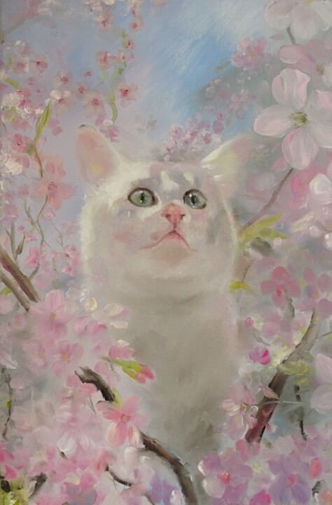 Schilderij getiteld "Lente -Kat" door Viktoriya Pauwels, Origineel Kunstwerk, Olie
