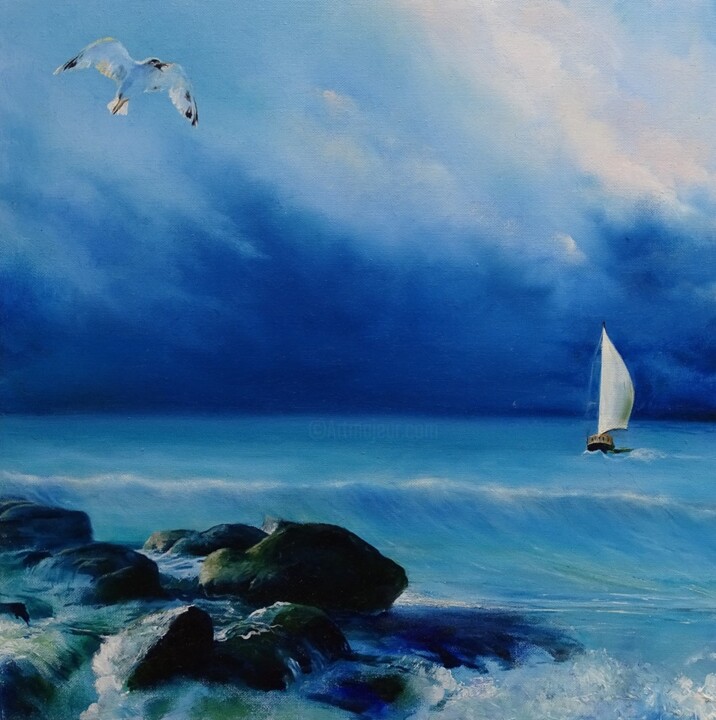 Schilderij getiteld "Zwarte zee" door Viktoriya Pauwels, Origineel Kunstwerk, Olie