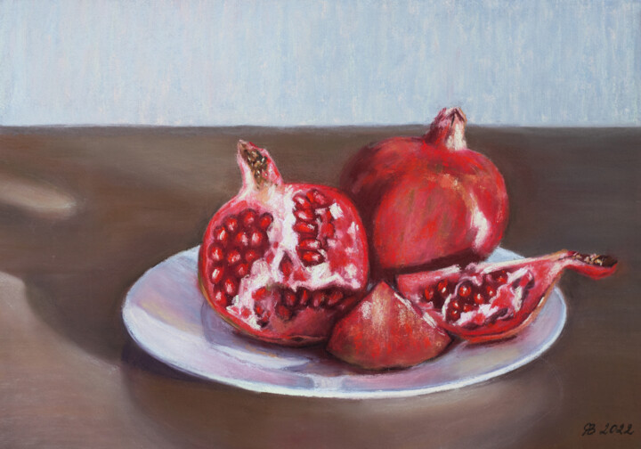 Ζωγραφική με τίτλο "Pomegranates on a P…" από Viktoriya Yakubouskaya, Αυθεντικά έργα τέχνης, Παστέλ