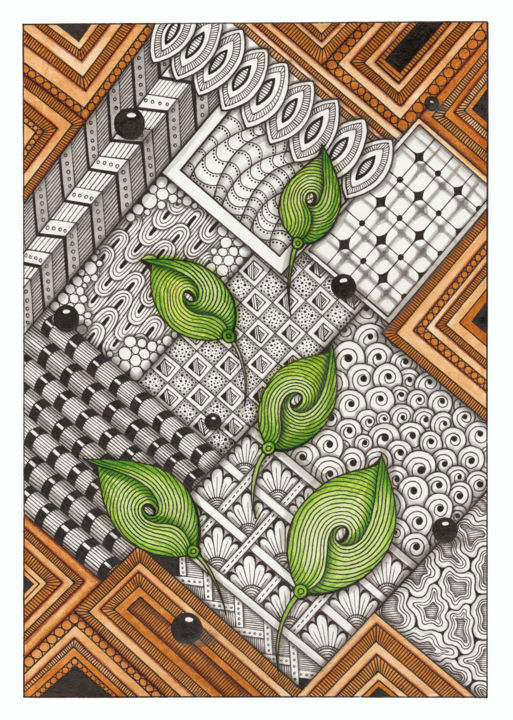 Rysunek zatytułowany „Green leaves and bl…” autorstwa Viktoriya Crichton, Oryginalna praca, Akwarela