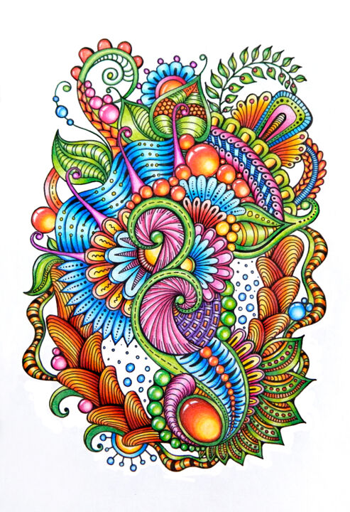 Drawing titled "Magical flowers_10.…" by Viktoriya Crichton, Original Artwork, Gel pen