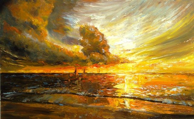 Картина под названием "Закат на море" - Viktoria Korotaeva, Подлинное произведение искусства, Масло