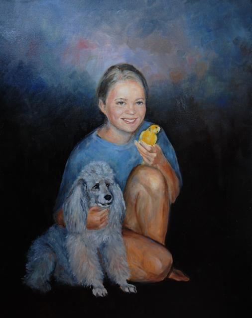 Картина под названием "Девочка с пуделем" - Viktoria Korotaeva, Подлинное произведение искусства, Масло