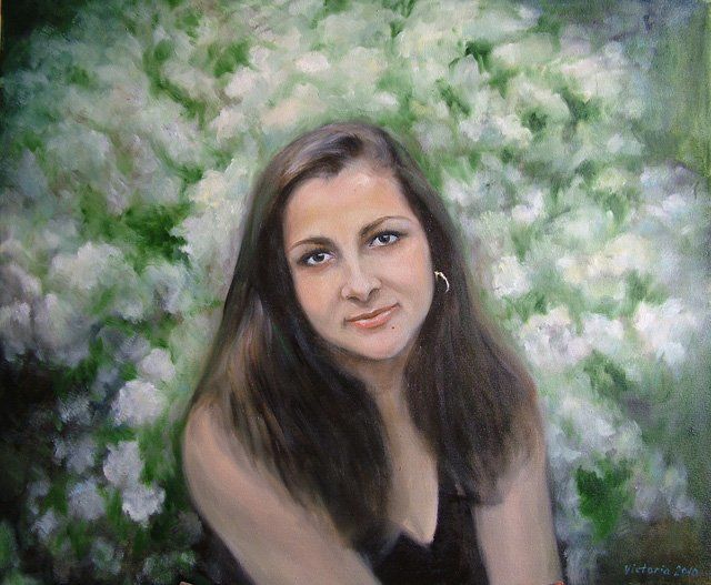 Картина под названием "Девушка в цветах" - Viktoria Korotaeva, Подлинное произведение искусства, Масло