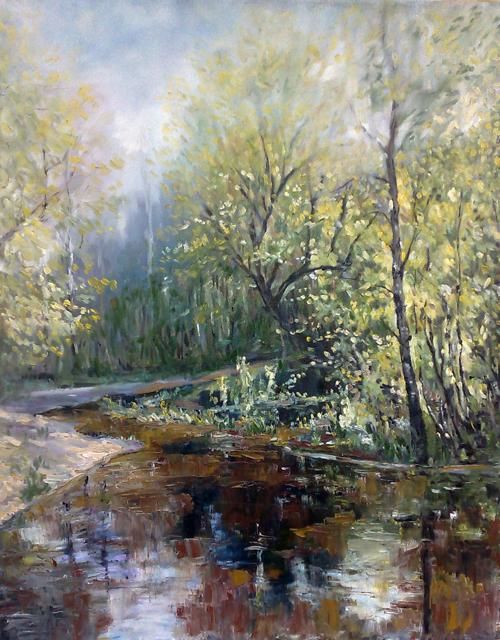 Painting titled "Ручей в лесу" by Viktoria Korotaeva, Original Artwork, Oil
