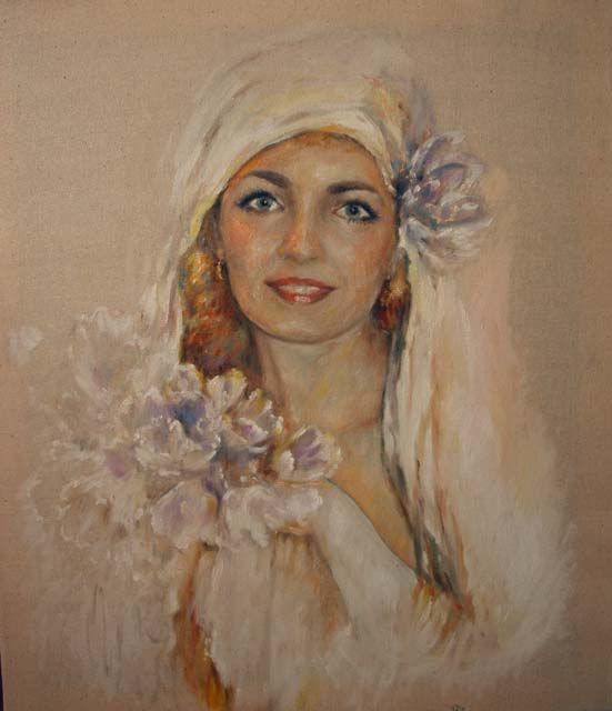 Картина под названием "Дама с  букетом" - Viktoria Korotaeva, Подлинное произведение искусства, Масло