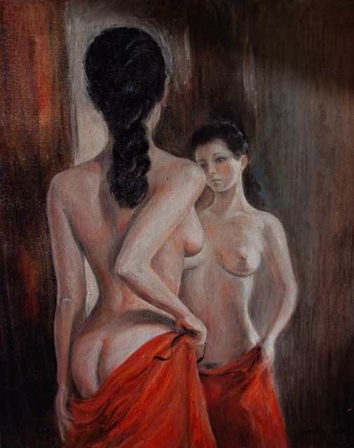 Картина под названием "Одевающаяся девушка" - Viktoria Korotaeva, Подлинное произведение искусства, Масло