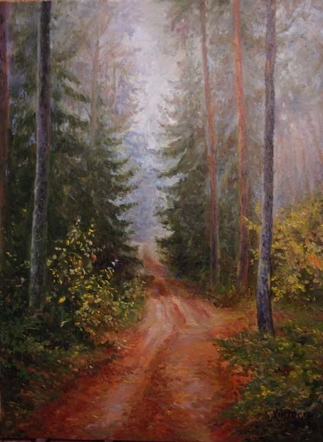 Painting titled "Утро в лесу" by Viktoria Korotaeva, Original Artwork, Oil