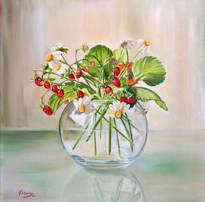 Painting titled "Strawberry bouquet" by Viktoryia Lautsevich, Original Artwork, Oil